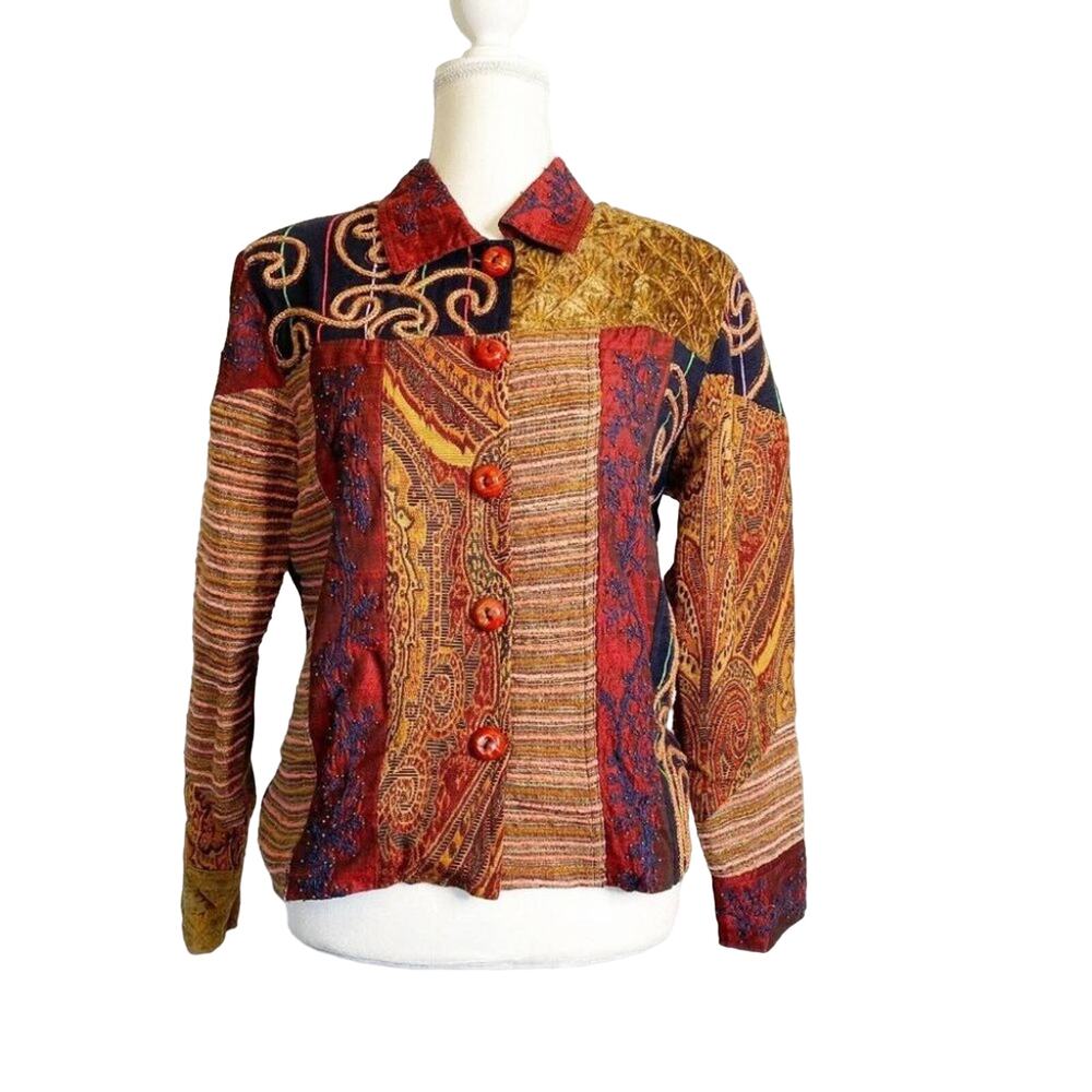 Coldwater Creek Vintage Mixed Media Patchwork Tapestry Button Jacket sz medium